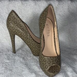 Guess Women's Tan Patterned Peep Toe Heels